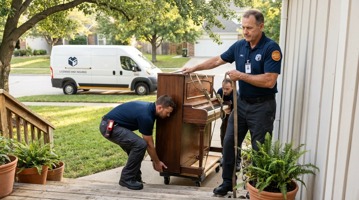Licensed piano movers securing grand piano in Cudahy, WI
