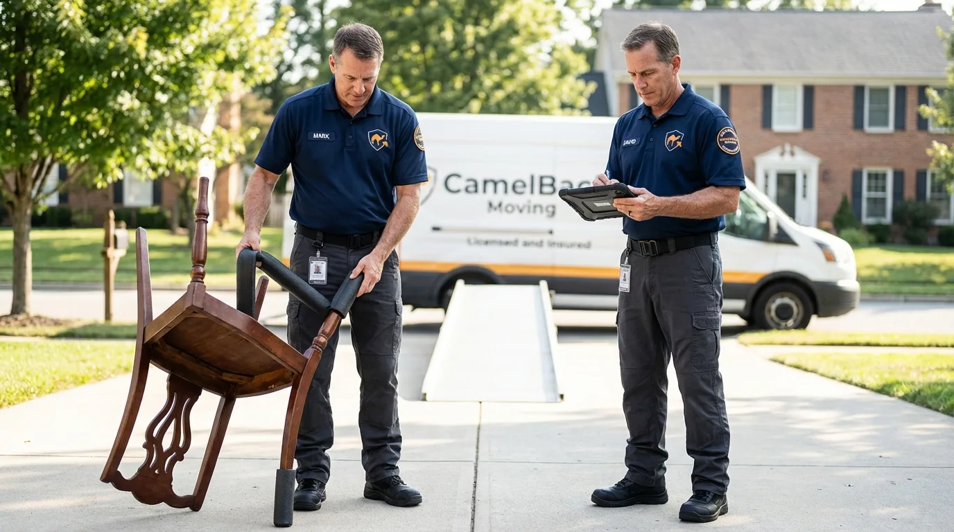 Movers inspecting furniture for damage prevention before loading in Cudahy, WI