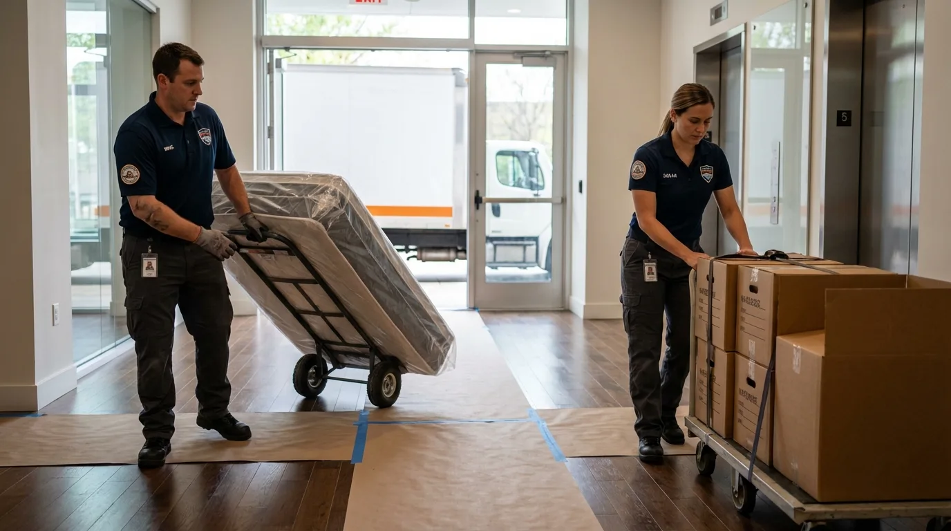 Professional apartment movers loading elevator in Cudahy, WI